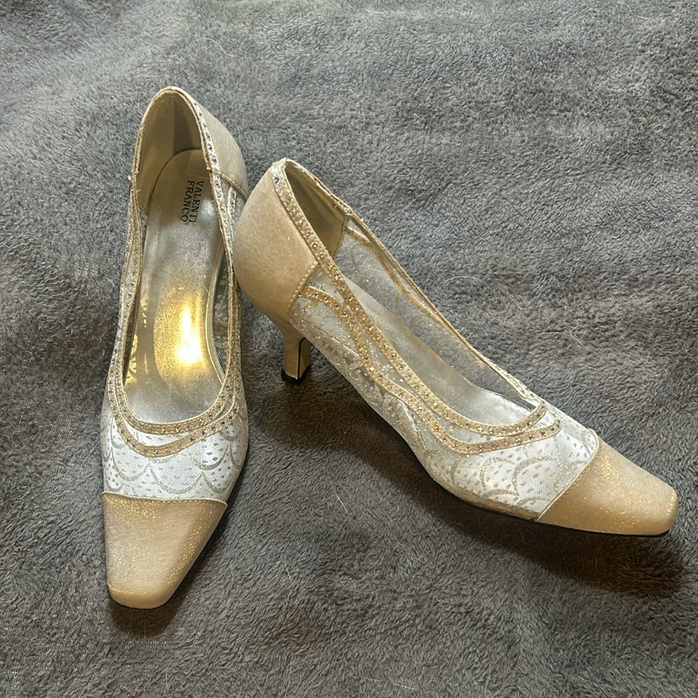 Valenti Franco. Leather heels with semi sheer sides, sequins, glitter, size 10